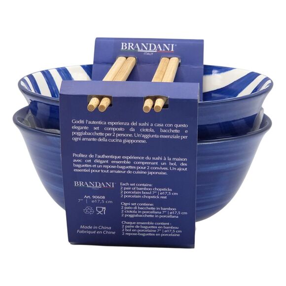 Brandani Italy Sushi Experience 8pc Porcelain Ramen Noodle Bowl Set Blue Striped - Picture 12 of 13